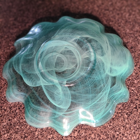 Rare Vintage Murano Style Teal and White Swirl Art Glass Dish 13"x2" Hand Blown - Picture 4 of 11